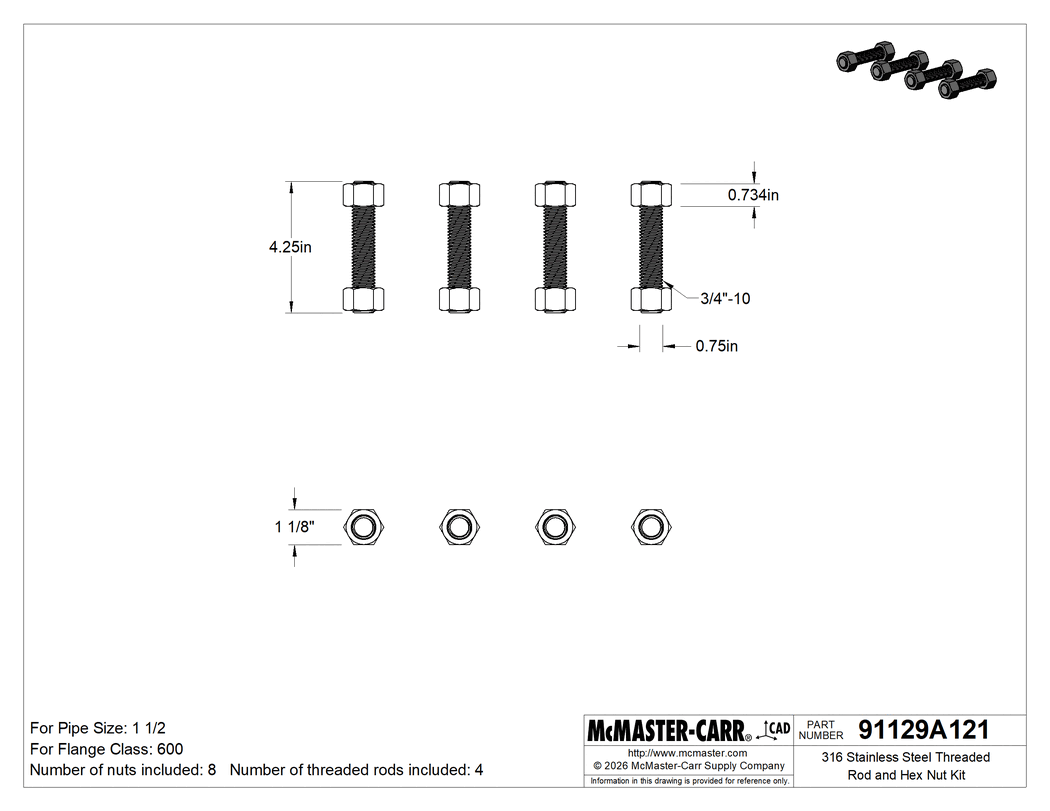 Technical Drawing of 316 Stainless Steel Threaded Rod and Hex Nut Kit, for Class 600 Size 1-1/2 Pipe Flange.